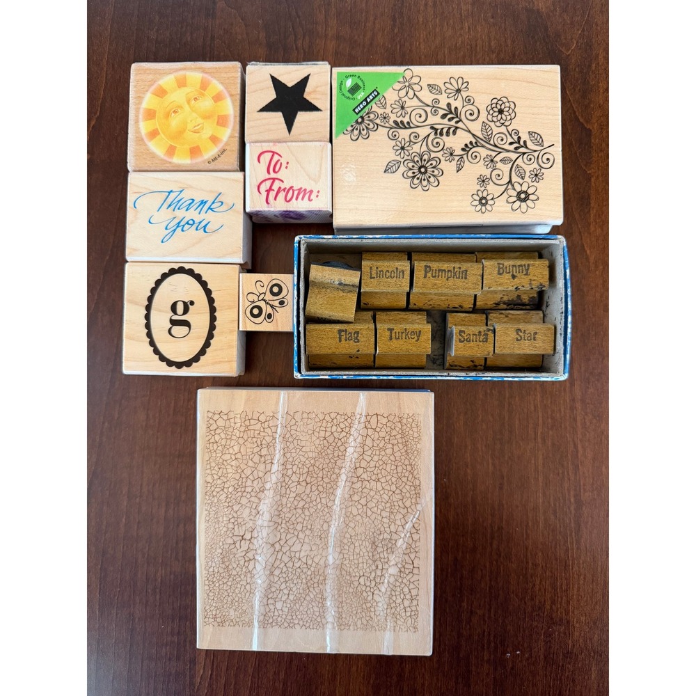 Vintage Wood Rubber Stamp Lot 16pc Hero Arts Mary Engelbreit Holiday Crafting